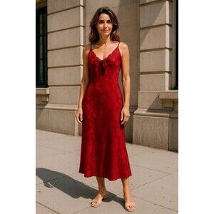 NWT Lait Collection Jacquard Satin Rose Bow V-Neck Maxi Dress Fairy Lace Lined M